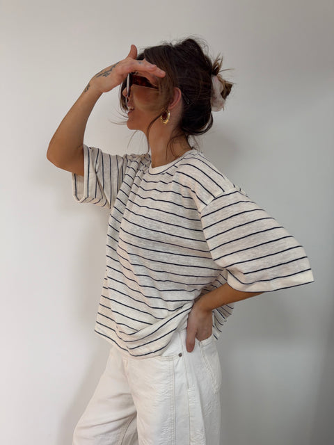 T-shirt à rayures - beige et bleu