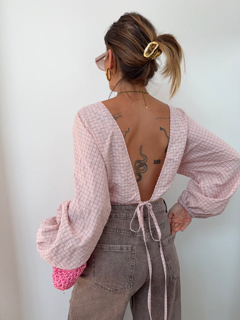 Top dos nu à carreaux - rose