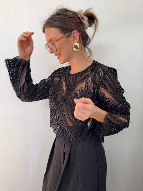 Haut dentelle et perles - noir