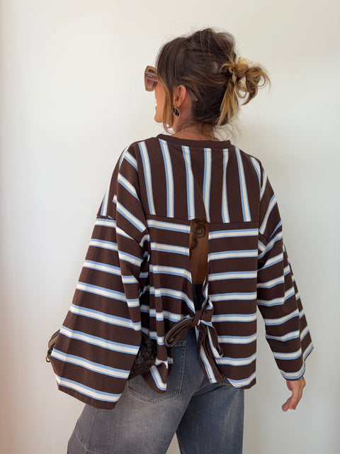 T-shirt manches longue avec noeud rayé - chocolat