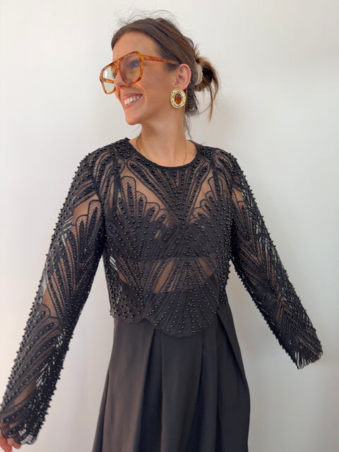 Haut dentelle et perles - noir