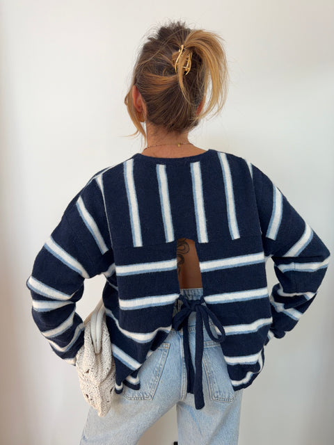 Pull rayé avec noeud - bleu