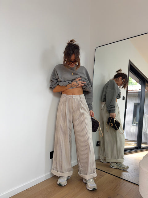 Pantalon rayé - beige et gris