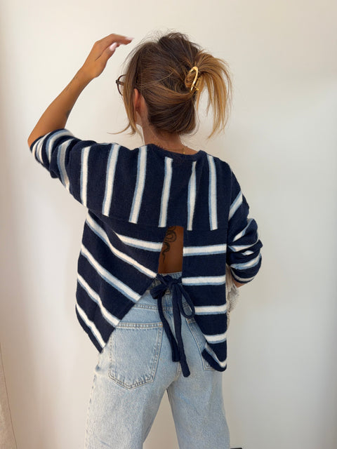 Pull rayé avec noeud - bleu