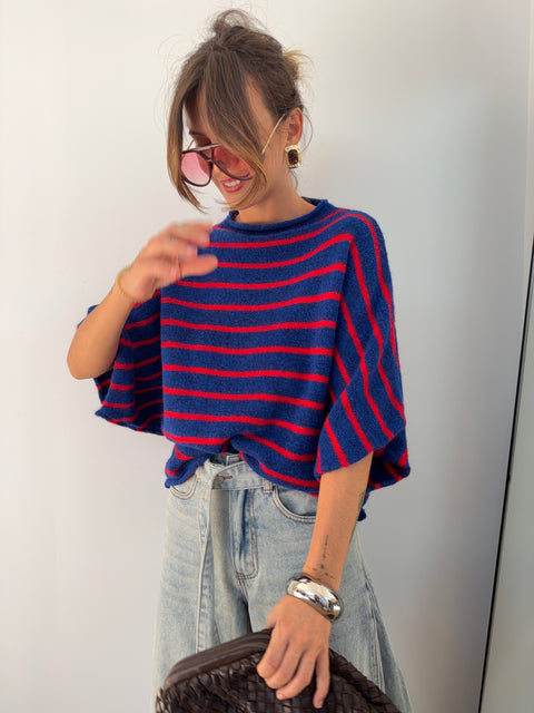 Pull Paris rayé - rouge & bleu roi