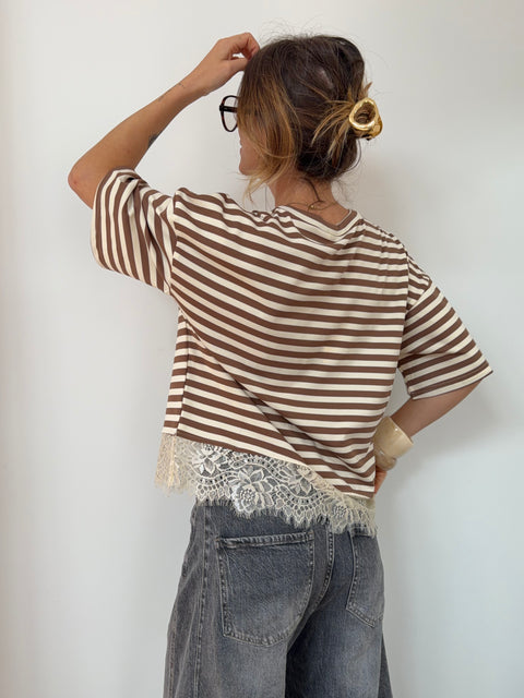 T-shirt rayé dentelle - camel