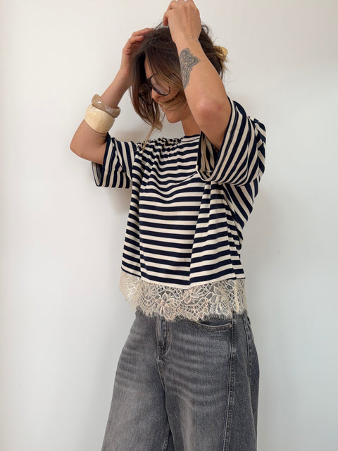 T-shirt rayé dentelle - marine