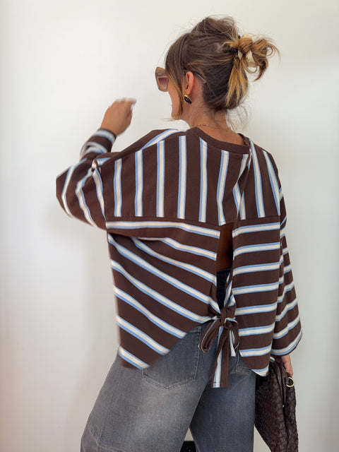 T-shirt manches longue avec noeud rayé - chocolat