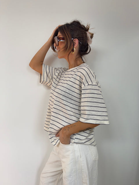 T-shirt à rayures - beige et bleu