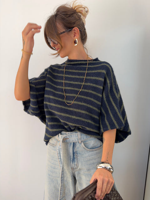 Pull Paris rayé - kaki & bleu marine