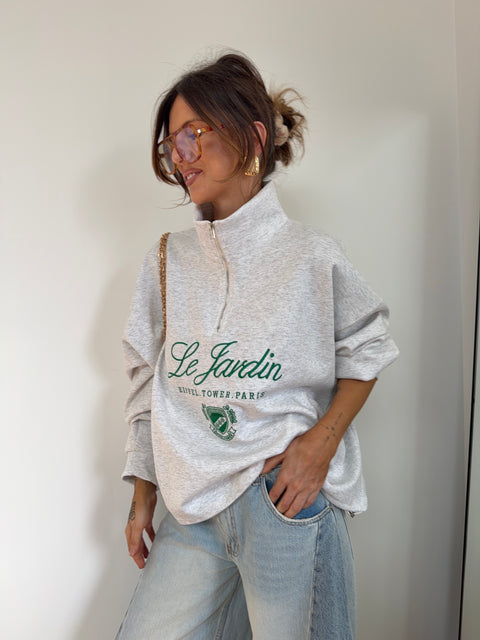Sweat à zip col montant - gris chiné